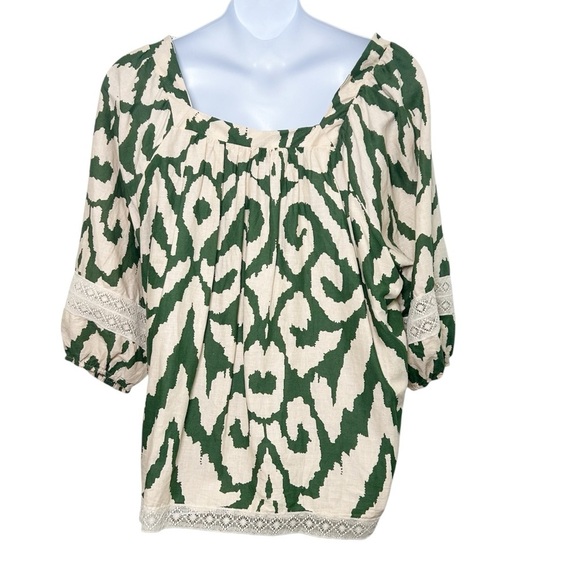NWT rachel Zoe linen blend square neck puff sleeve green ikat top size 3X lace - Picture 3 of 7